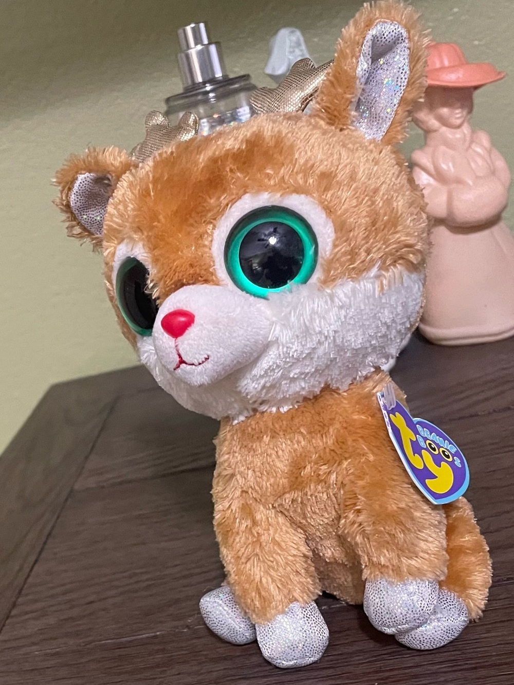 Plush Alpine the Reindeer from TY Beanie- Brown and White with Green Eyes